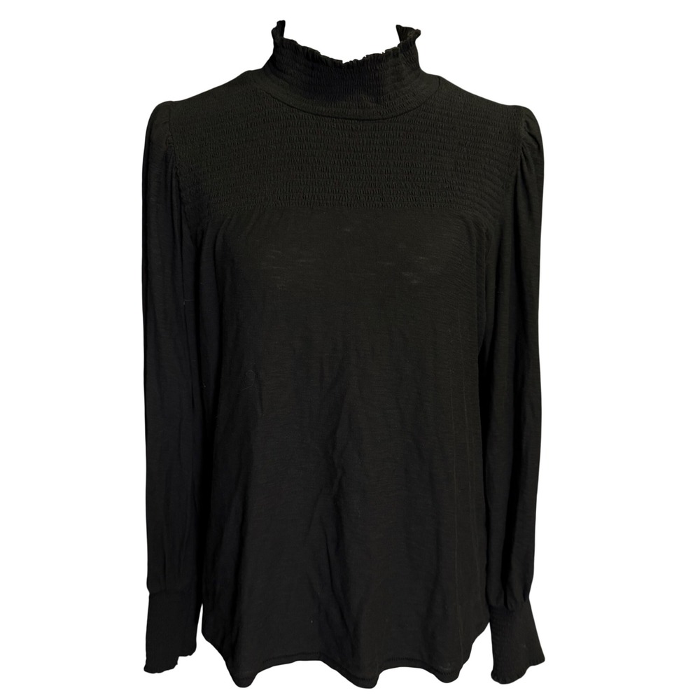 Nation LTD Blouse Womens XL Black Good Smocked Mock Neck Open Back Pima Cotton